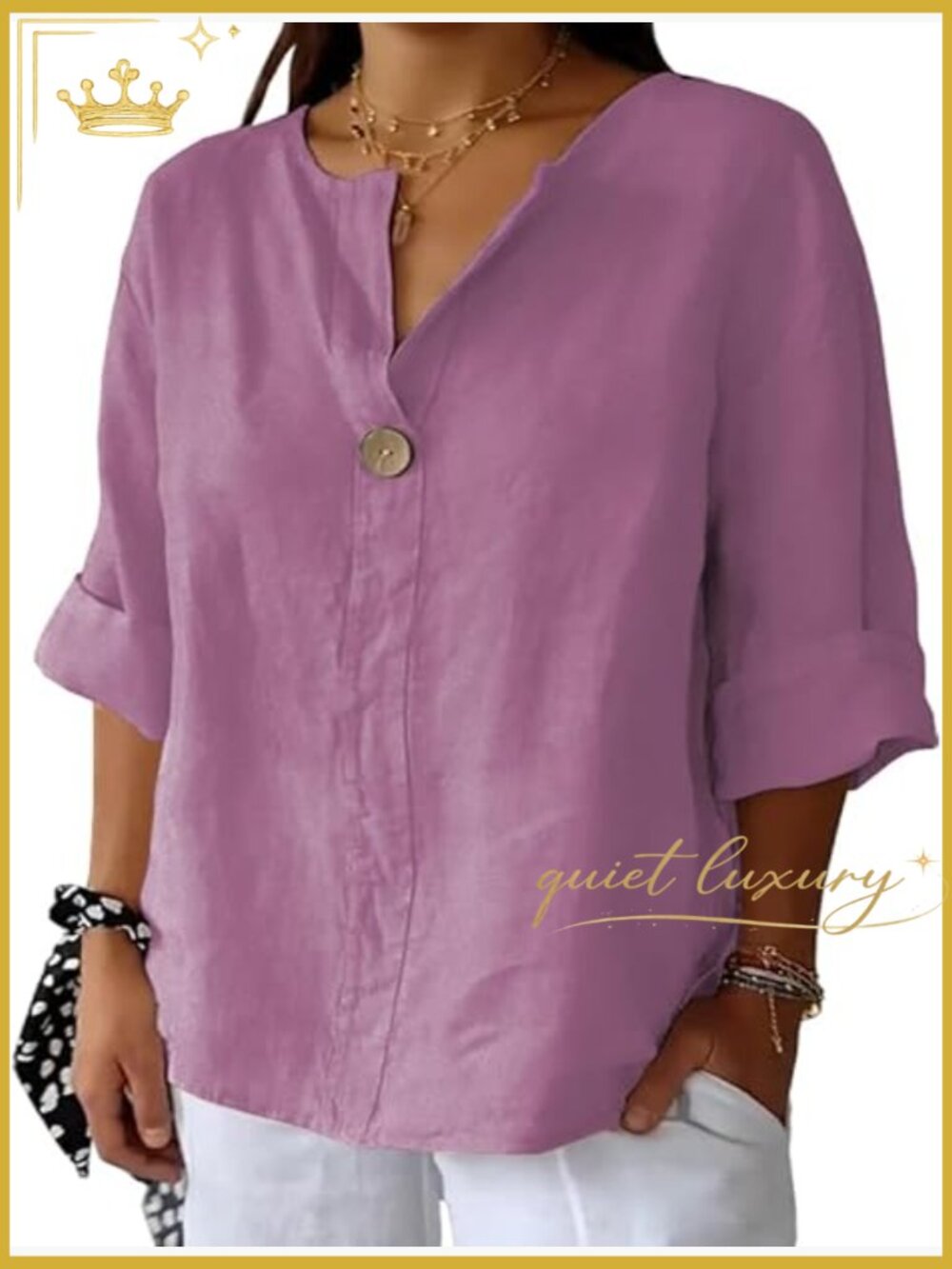 Plus Size 3/4 Sleeve Linen Cotton V Neck Button Tunic Top Blouse Loose Fit